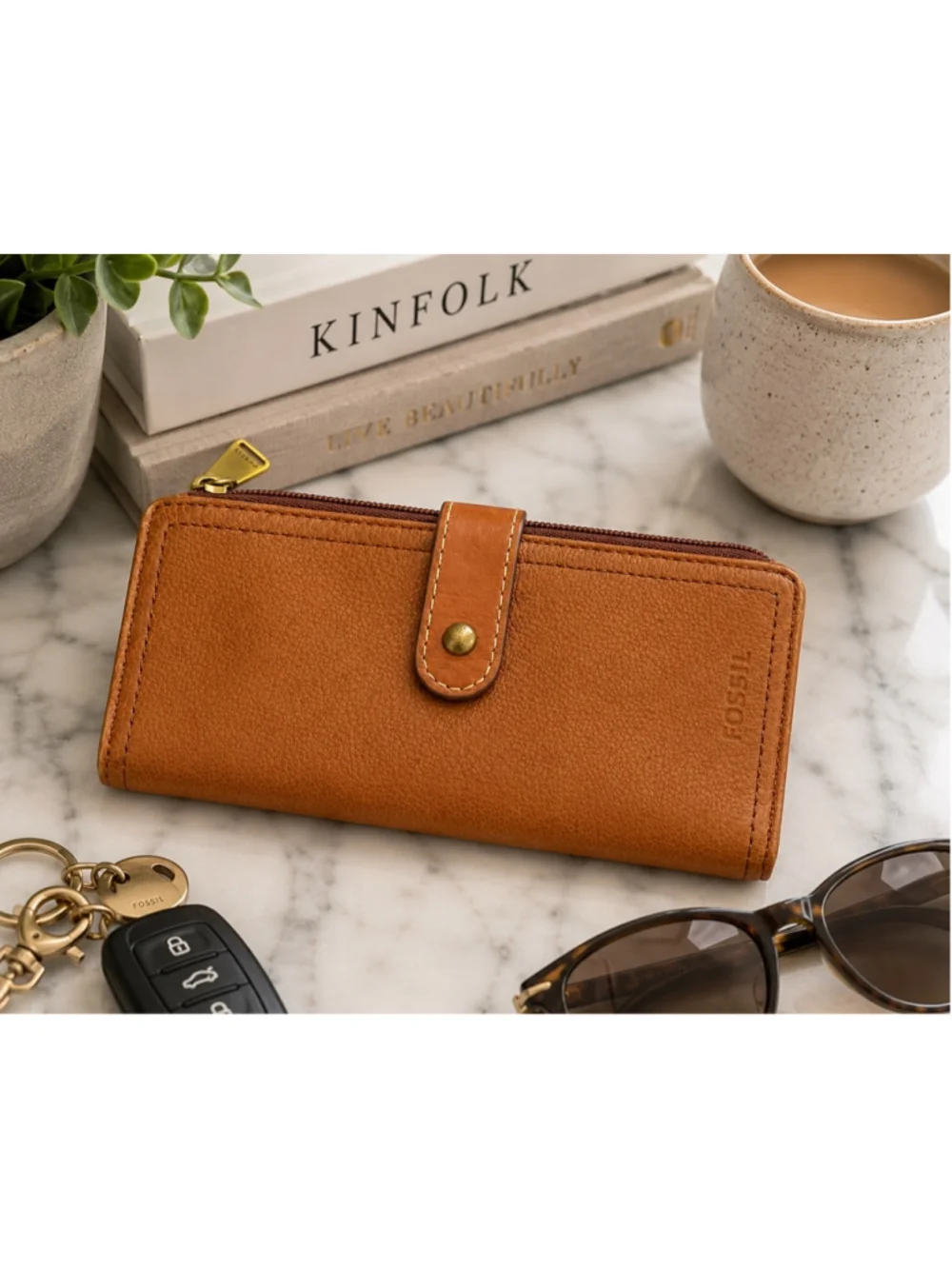 Fossil Logan Brown Leather Zip Around Checkbook Wallet Organizer RFID Clutch